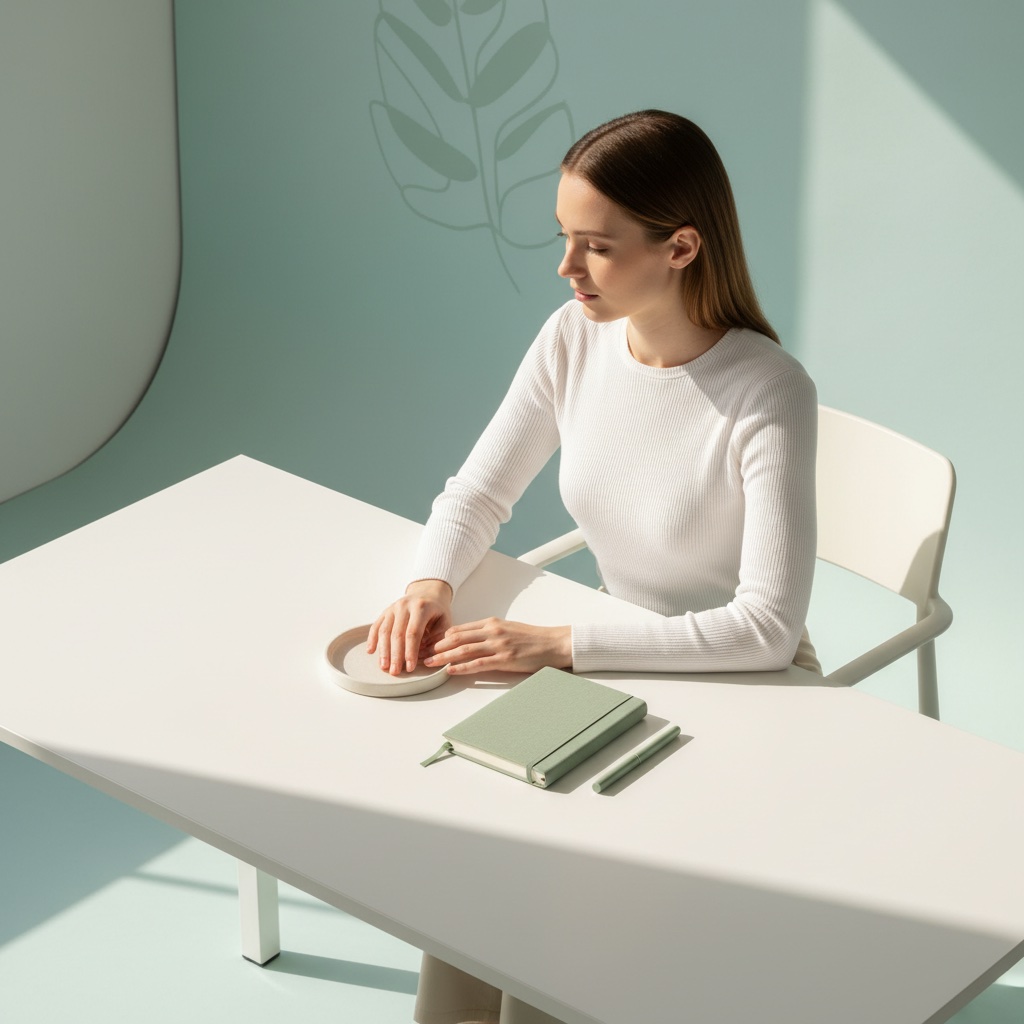 A calm, private self-assessment experience — person at a clean desk in soft natural light